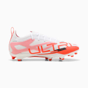 Chaussures de soccer à crampons pour terrain ferme/terrain artificiel ULTRA 5 PRO Enfant et adolescent, PUMA White-PUMA Black-Glowing Red, extralarge
